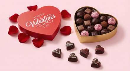 An open heart-shaped box of chocolates with rose petals.