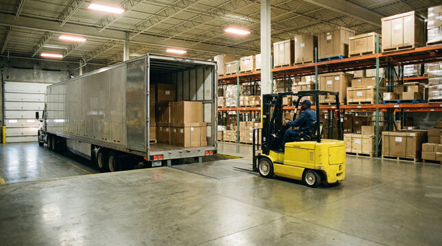 Forklift loading cardboard boxes into a semi-truck at a warehouse dock