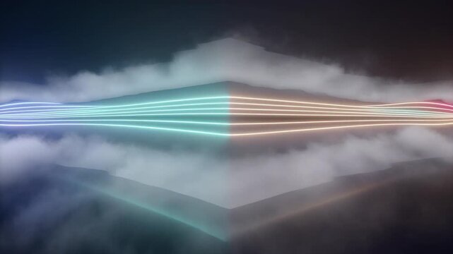 Glowing Neon Lines in Foggy Landscape
