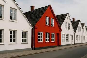 Row of houses including a bright red house among white ones