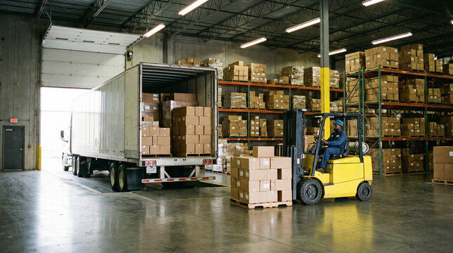Forklift loading cardboard boxes into a semi-truck at a warehouse dock