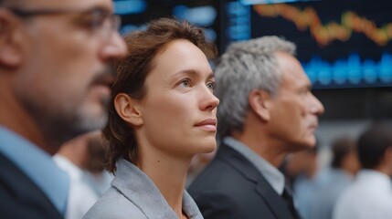 Professionals attentively observing financial market data on screens