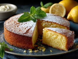 Freshly baked lemon sponge cake with mint