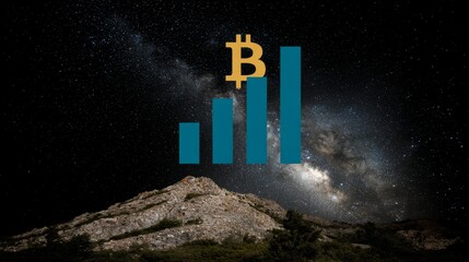 Bitcoin price bar chart ascending over a mountain at night under the Milky Way, depicting financial growth.