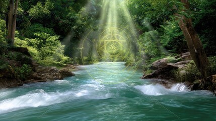 Sunlight Streaming Through Trees Above a Peaceful River with Gentle Waves and Vibrant Green Foliage in Lush Forest Surroundings