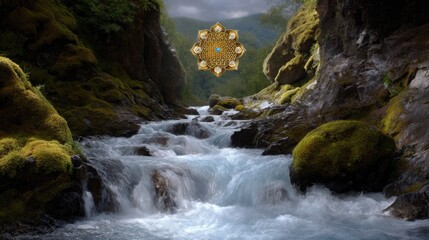 Serene Water Flow in a Lush Green Valley with Decorative Element on a Tranquil Stream