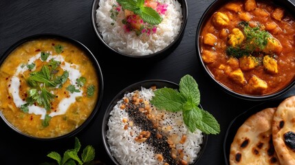 Assorted Indian Cuisine Featuring Rice, Lentil Dal, Chicken Curry, and Flatbread on Dark Background