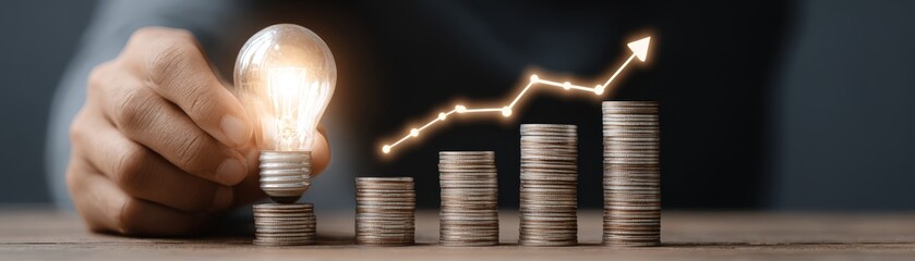 A hand holds an illuminated light bulb above coin stacks showing an upward financial growth trend on a wooden table.