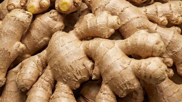 A vibrant close-up shot of numerous fresh ginger roots, showcasing their distinctive earthy brown skin and gnarled, textured surfaces. The video emphasizes the organic details and natural imperfection
