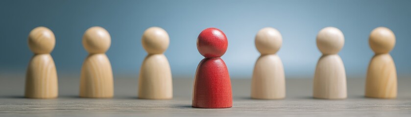 A distinct red wooden pawn figure stands in a row with six natural wooden figures, symbolizing individuality, leadership, and being different.