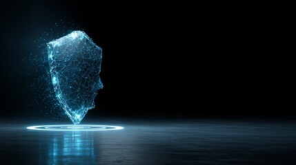 Abstract digital shield with a glowing wireframe structure and human face profile stands on a reflective floor, symbolizing cybersecurity, privacy, and data protection in a futuristic dark e