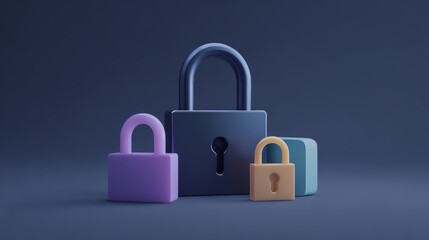 Three various sized padlocks in different colors symbolize digital security and data protection against a dark background with copy space.