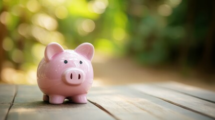 Pink piggy bank standing on a rustic wooden table outdoors with a blurred green nature background and natural light.