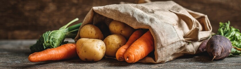 Freshly harvested organic root vegetables including potatoes, carrots, and beets spilling from a reusable fabric bag onto a rustic wooden surface with copy space.