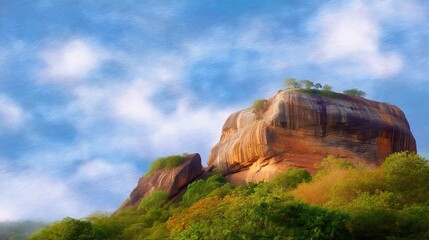 Majestic Rocky Hill Surrounded by Lush Greenery Under a Bright Blue Sky with Fluffy Clouds