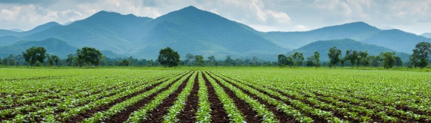 Panoramic view of rows of young green crops in an agricultural field leading towards majestic mountains under a cloudy sky.