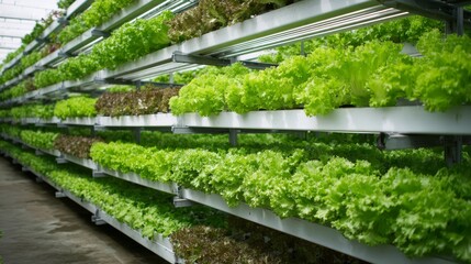 Rows of fresh green and red lettuce plants thriving in a modern hydroponic vertical farm with artificial lighting.