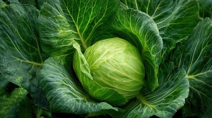 Fototapeta premium a vibrant green cabbage rests at the center of rich green leaves showcasing its freshness and healthy growth in a thriving garden setting