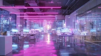 modern neon cyberpunk open space office interior blurred with information technology overlay corporate strategy for finance operations marketing technology