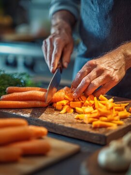 closeup of hands slicing carrots on chopping board closeup of hands cutting vegetables in kitchen near the burners detail of man wearing apron chopping vegetables for a recipe at home no logos no bra