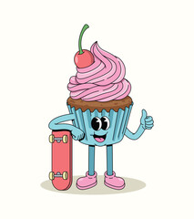 cupcake skateboard stand groovy cartoon illustration © gunaonedesign