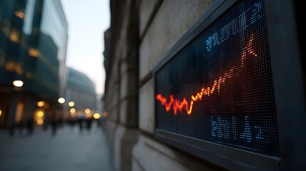 A digital market ticker displays a downward trending red graph against a blurred urban street scene