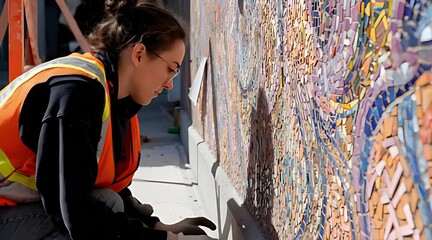 A focused female artist wearing a safety vest and gloves carefully applies grout or adhesive to a large, intricate, and colorful mosaic mural on an exterior wall, showing dedication to her craft