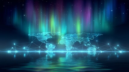 Digital world map with glowing network connections reflecting on a water surface under a vibrant aurora borealis sky.