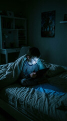 Child absorbed in tablet at night, illuminated by cold screen light