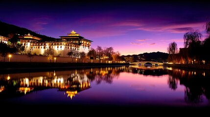 Fototapeta premium Serene Twilight Reflection of a Traditional Building and Landscape at Dusk with Beautiful Sky and Calm Water