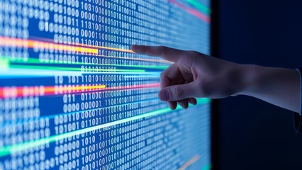 Businessman Pointing at Digital Screen with Binary Code and Data Stream Information
