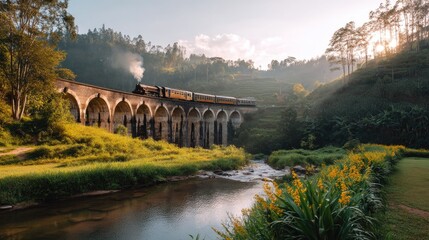 Vintage steam train crossing a picturesque viaduct surrounded by lush greenery and a serene river at sunset