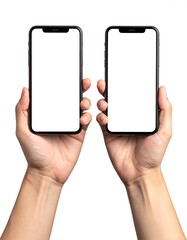 Two hands holding smartphones with blank screens on white background (1)