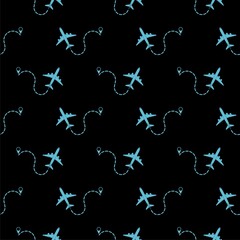Obraz premium Airplane line path seamless pattern isolated on black background