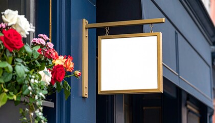 Luxury gold bracket sign on elegant cafe storefront spring