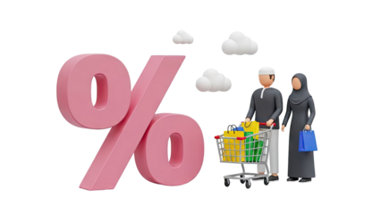 Muslim Couple Shopping with Percentage Symbol and Shopping Cart on transparent background