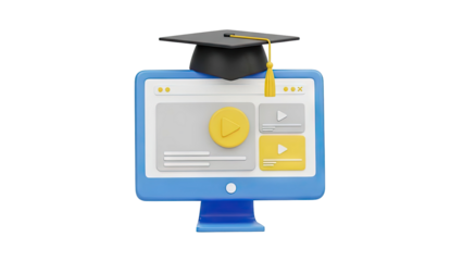 Online education graduation cap on computer monitor icon on transparent background