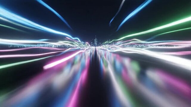 Abstract image of colorful neon light streaks radiating from the center against a dark background with a sense of motion and speed.