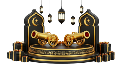 Ramadan Celebration with Cannons Lanterns and Gifts on transparent background