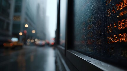 A close up view of a window covered in raindrops displaying a vibrant orange financial ticker with a blurred rainy city streetscape in the background