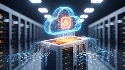Cloud computing concept with glowing digital cloud symbol on server room background 3D render