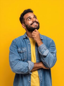 happy joyful smiling young indian man looking aside up thinking of new good opportunities dreaming feeling inspired and proud standing isolated on yellow background portrait no logos no brands ar 34