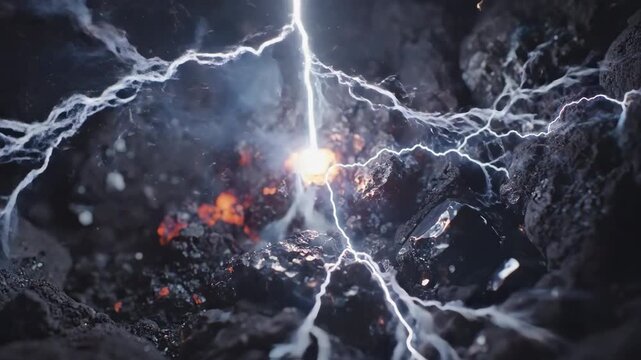 Extreme close-up of raw lightning crackling rapidly across a heavily textured surface of dark volcanic rock creating powerful electric arcs cinematic, force, impact