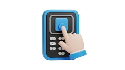 3D cartoon hand pressing button on keypad on transparent background