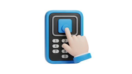 3D cartoon hand pressing button on keypad on transparent background