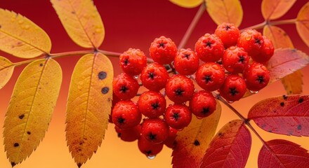 Vibrant autumn rowan berries and colorful leaves close-up showcasing nature's beauty