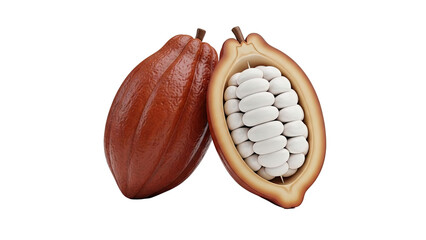 3D Cocoa Pod Cut Open Showing Beans on transparent background