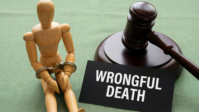 A wooden artist mannequin wearing handcuffs sits near a judge's gavel and a black card explicitly stating wrongful death litigation concept.