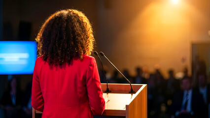 Inspirational speaker delivers a powerful address from a wooden podium wearing a bright red jacket illuminated by warm stage lighting to an attentive audience.