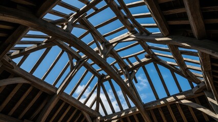Wooden roof structure with exposed beams under blue sky